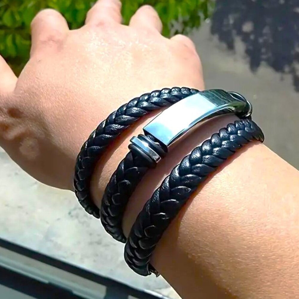 Leather Bracelet Wrist Cuff Layered Stainless Steel Metal Buckle Clasp Black